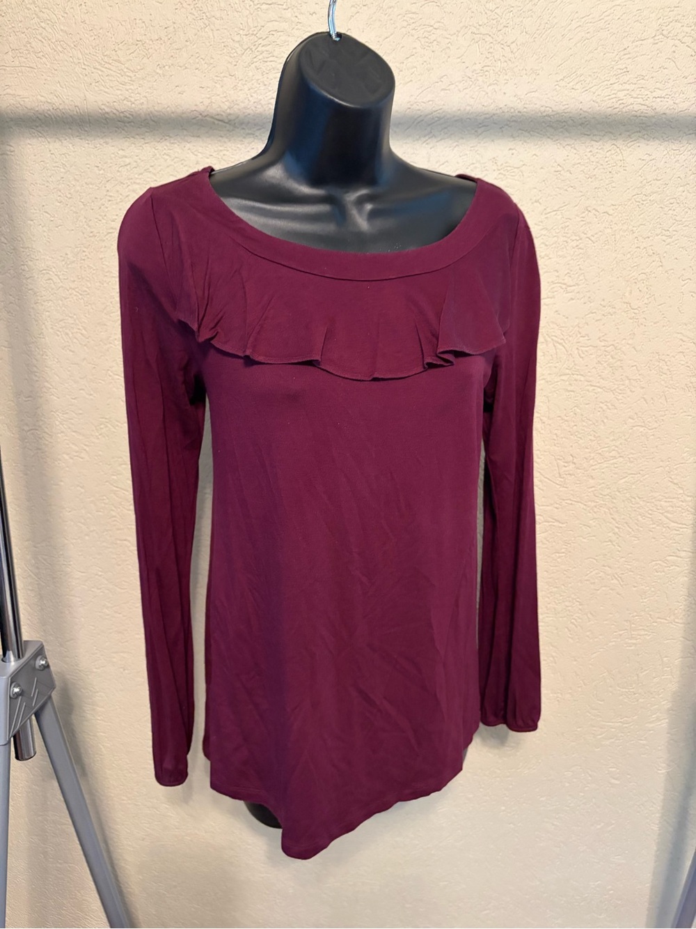 Ann Taylor Long Sleeve Ruffle Yoke Top - Burgundy
